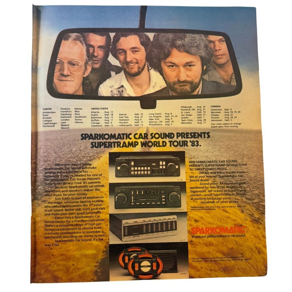 Vintage 1983 Sparkomatic Car Sound Supertramp World Tour Advertisement Print Ad